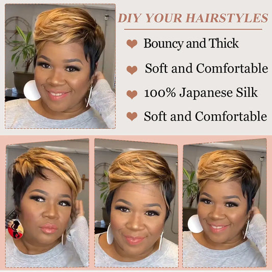 WIGERA Pelucas sintéticas destacadas Corto Liso Pixie Cut Peluca Bob Pelo Dorado Miel Mezcla Negro Cabello para Mujer