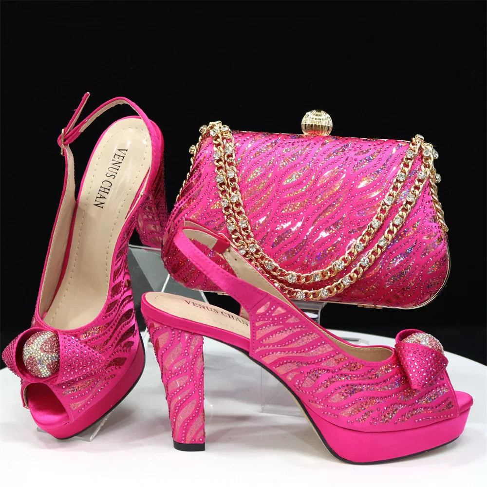 Conjuntos de zapatos y bolsos italianos para fiesta de noche con pedrería HJK1-60