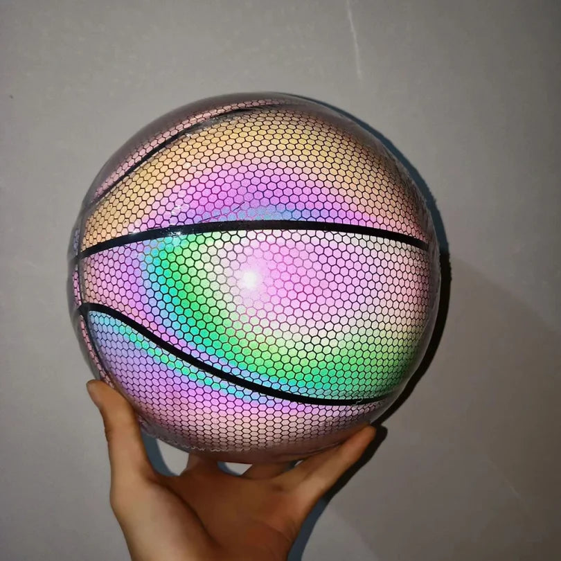 Luminous Basketball Ball Holographic Reflective Lighted Flash Ball PU Wear-Resistant Glowing Basketball Night Sports Game