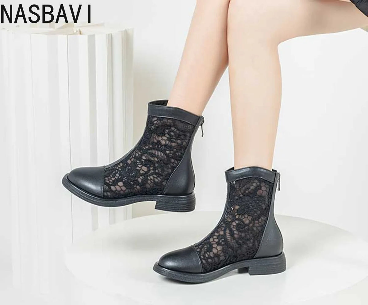 Women White Gladiator Ankle Boots Round Toe Square Heel Breathable Mesh Large Size 34-45 Sweet Princess Cool Sandals Boots New