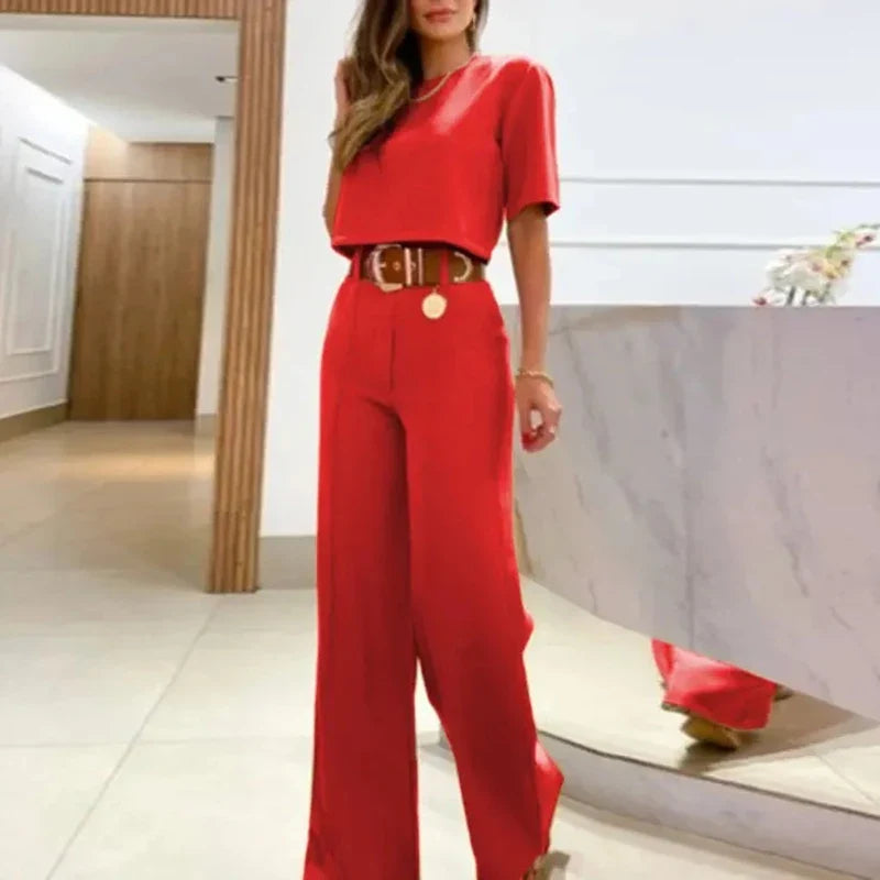 Fashion Office Lady Two Piece Sets O Neck Short Sleeve Short Shirt High Waist Straight Pants Suit Female Summer Outfits