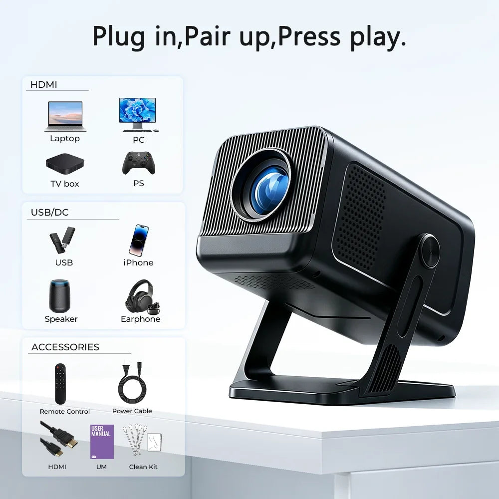 LYNCast Smart Projector with Android 14.0 & WiFi 6, 4K Support, 720P Native, Wireless Screen Mirroring X1, Perfect for TV Series, Movies, Gaming, Anime, Sports, K-Dramas, Concerts