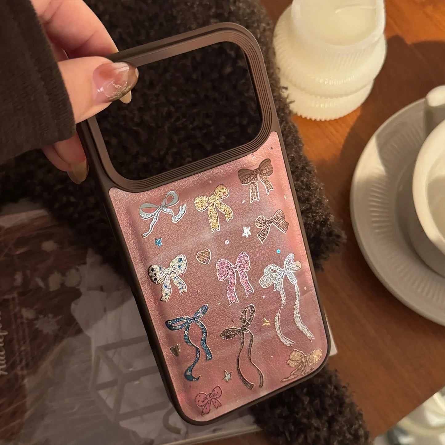 Korean Brown Colorful Bownot Pattern Phone Case For iPhone