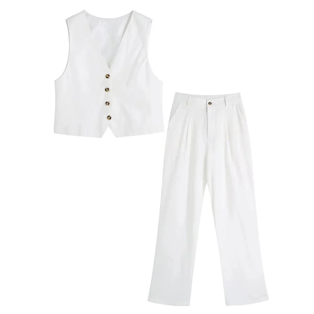 Foridol White Cotton Linen Long Pants Set Sleeveless Vest Pants Suit Office Lay Autumn Summer Wide Leg Casual Fashion Set Outfit