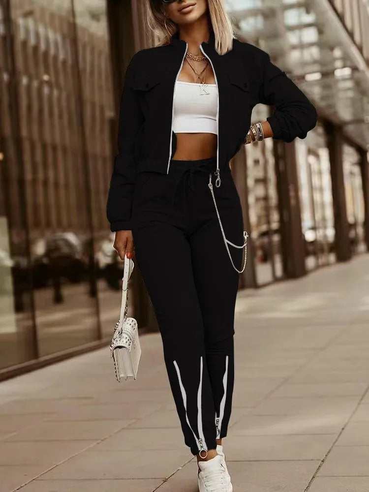 Autumn Women's New Zipper Short Long Sleeve Suit Solid Color Fashion Lace Up Casual Sports Small Foot Pants Female 2 Piece Set