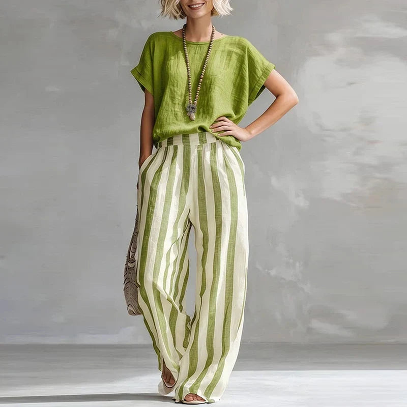 Vintage Women Two Piece Set O Neck Loose Short Sleeve Women T-Shirts Striped Printed Pants Suit Women Summer Casual Outfits