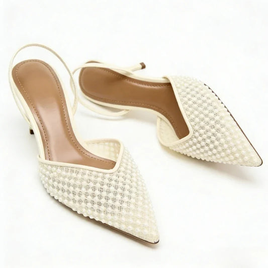 Mesh String Bead Brand Sandals Women Pumps Pointed Toe Elegant Slingback High Heels Female Designer Banquet Wedding Dress Shoes