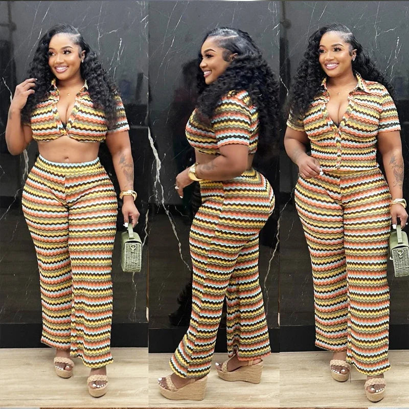 2026 Spring Summer Women Hollow Striped Knitted 2 Pieces Set Short Sleeve Shirt And Pants Set