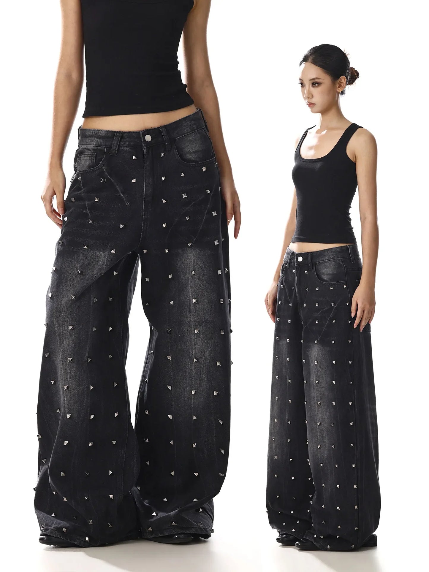 Women Black Rivet Heavy Duty Jeans New American Retro Design Niche Loose Wide Leg Denim Pants Streetwear Baggy Trousers