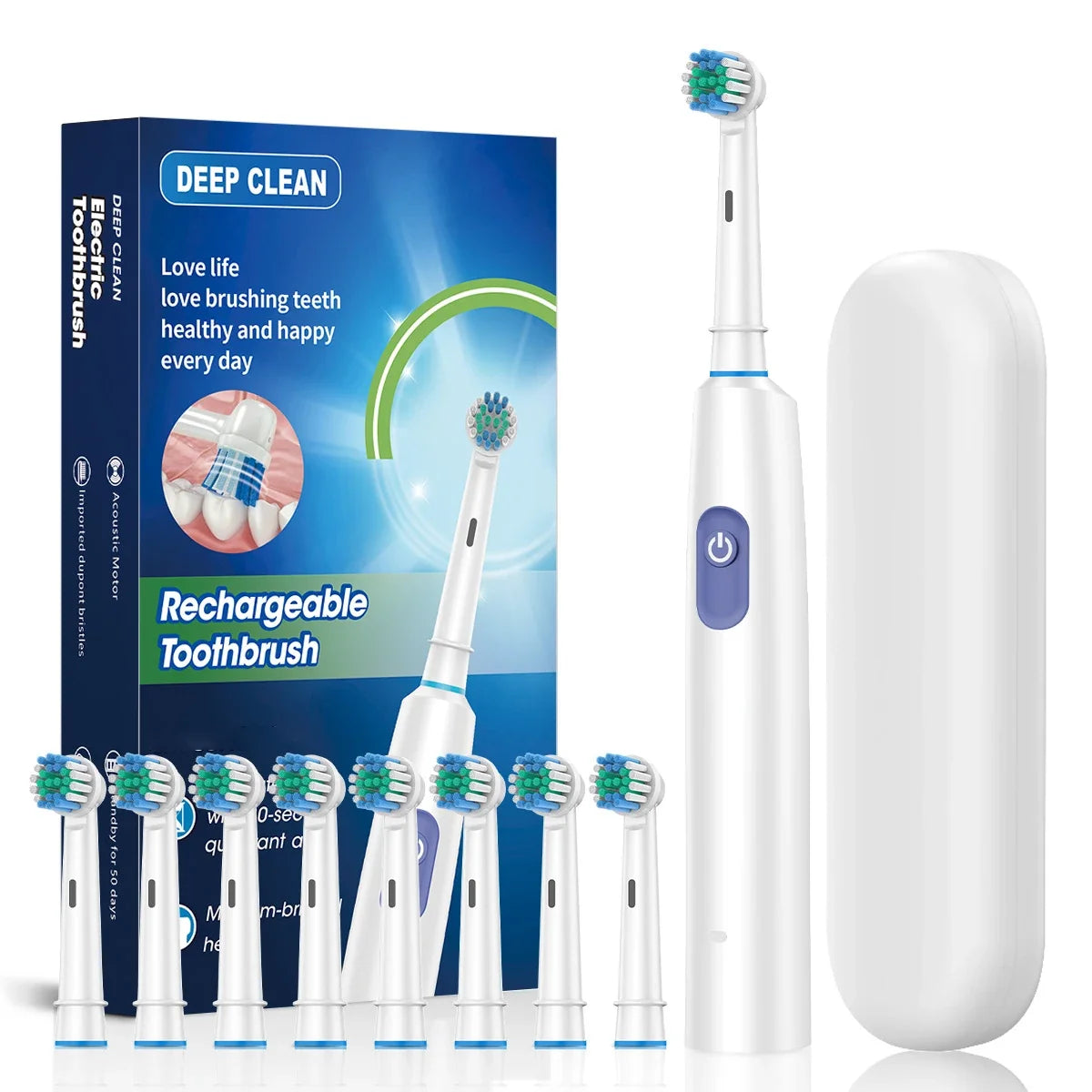 Electric Rotating Toothbrush Deep Clean Whitening Teeth for Adult Rechargeable Toothbrush with 4/8pcs Replacement Heads