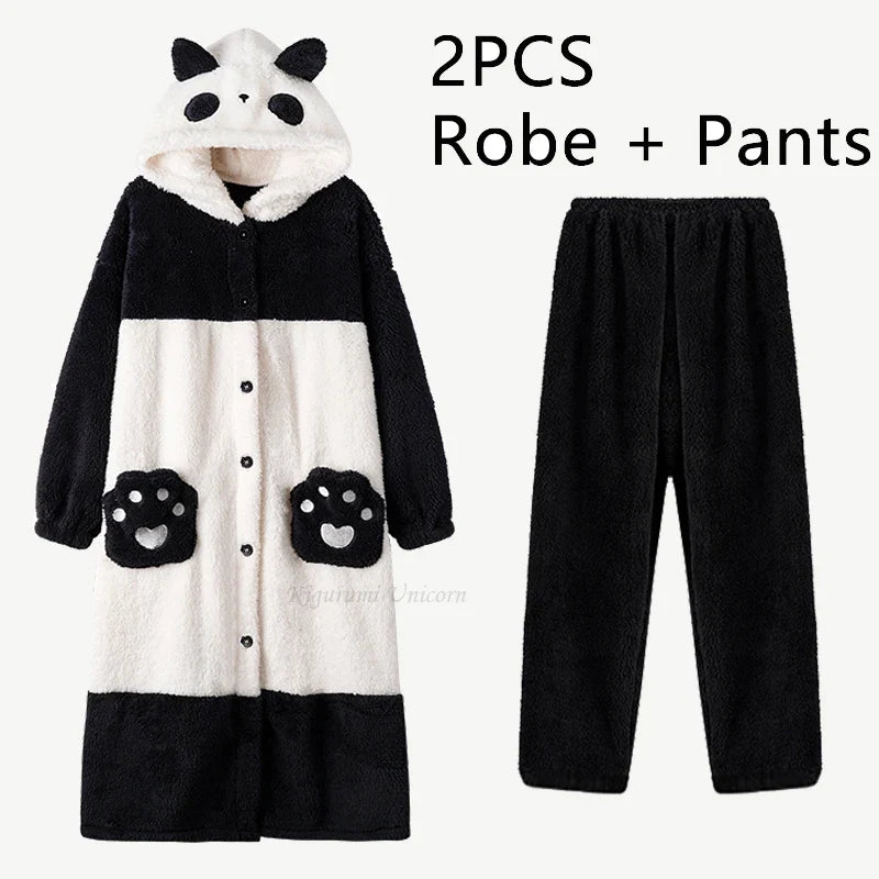 Cartoon Panda Plush Pajamas Robes Anime Adult Nightgown Winter Long Sleeve Night Dress Halloween Party Comfy Kawaii Girl Slipper