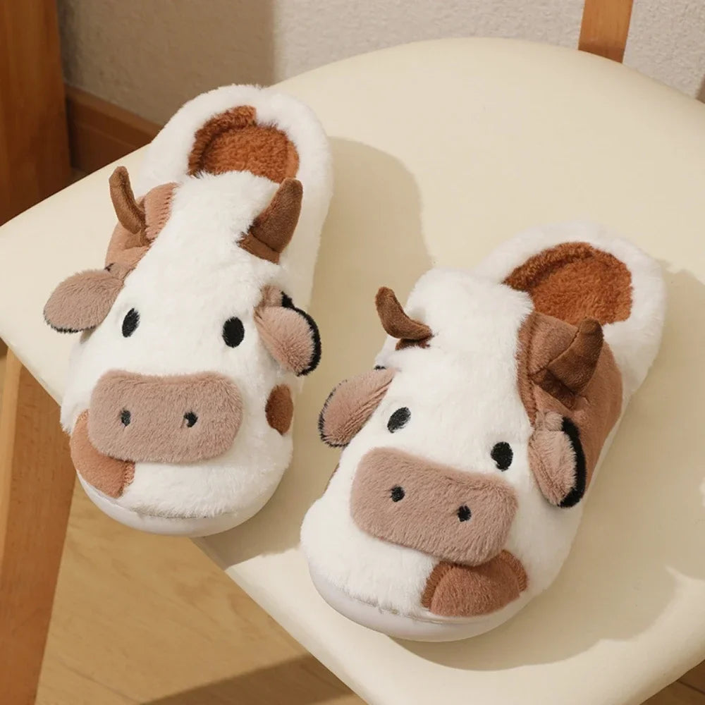 Plush Cartoon Cow Slippers for Warm Cozy Indoor Comfort