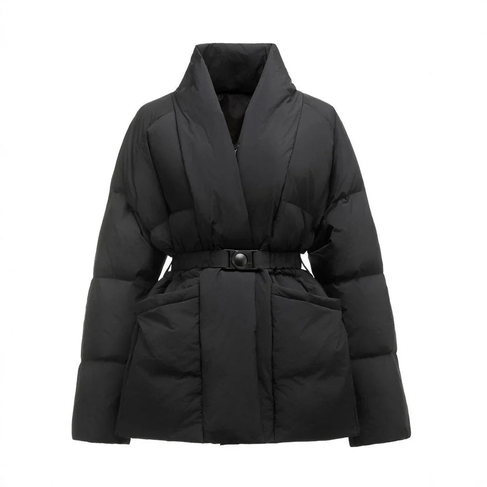 New Fashion Temperament Cotton Coat Women Winter Warm Solid Color V-neck Gathered Waist Jacket Coats Parkas with Belt