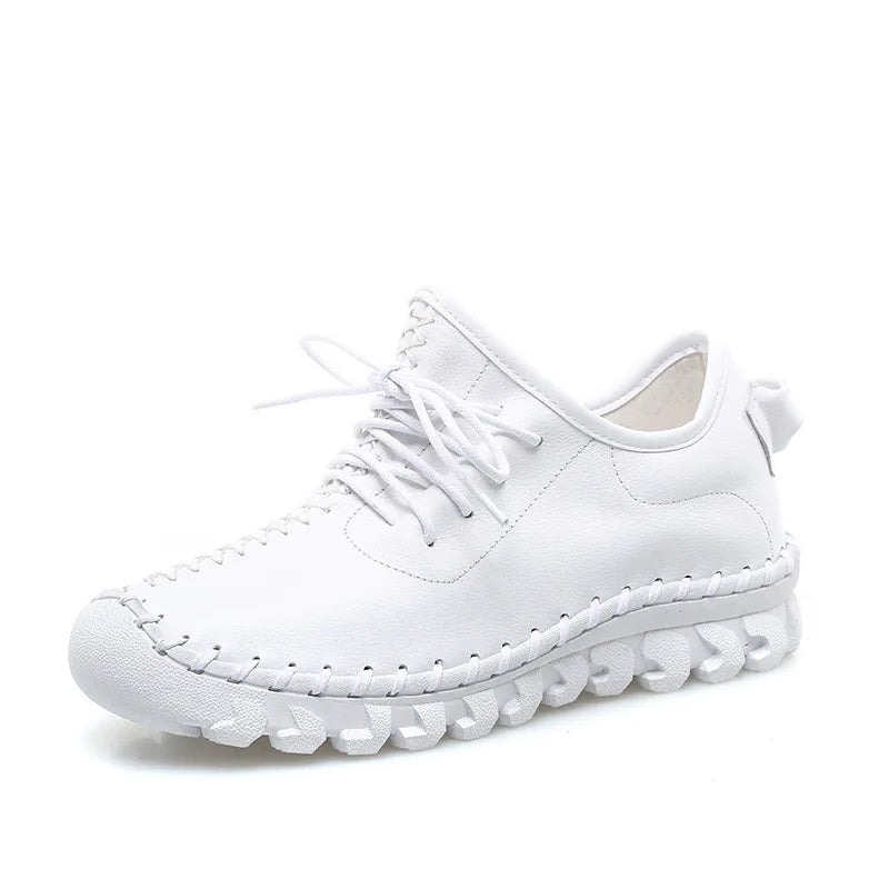 Handmade Genuine Leather Women Shoes Fashion Casual Sneakers Retro Flats Ladies Lacing Loafers Breathable Vulcanized Shoes