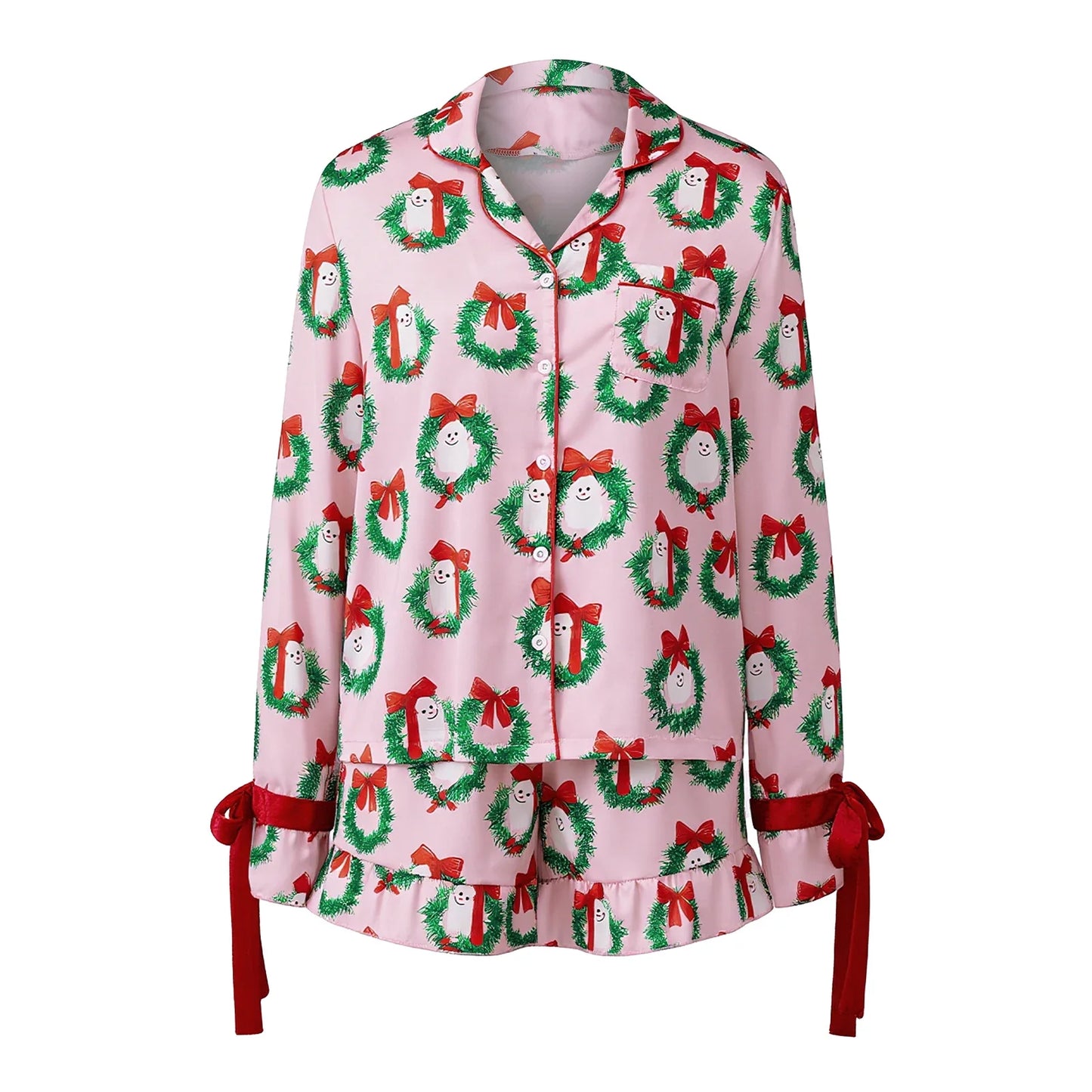 Womens 2025 Christmas Pajamas Sets Print Button Up Long Sleeve Lapel V Neck Tops and Shorts Lounge Wear Satin 2 Pieces Set