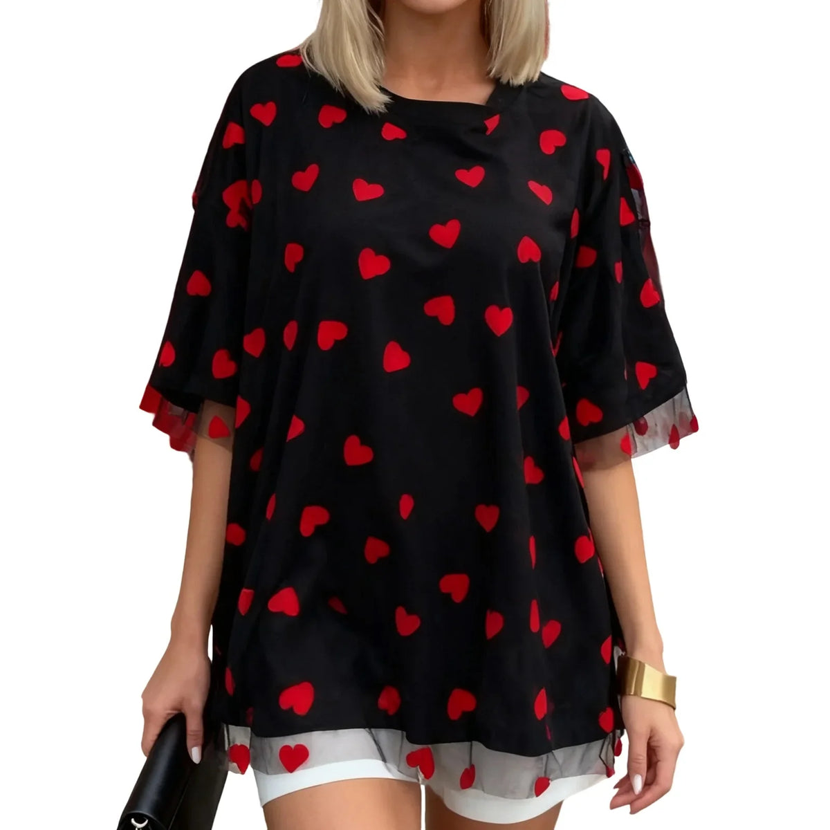 Summer T-Shirt Women Casual Loose Fit Stylish Love Heart Print Crew Neck Short Sleeve Tops