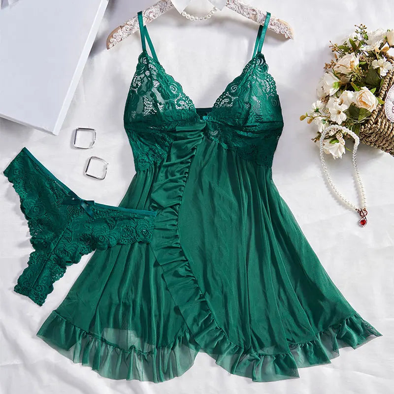 2 Pcs Set Sexy Lingerie Set Women Deep V Slip Dress Thong Erotic Bra Panty Sets Lace Nightdress Transparent Soft Nightgown