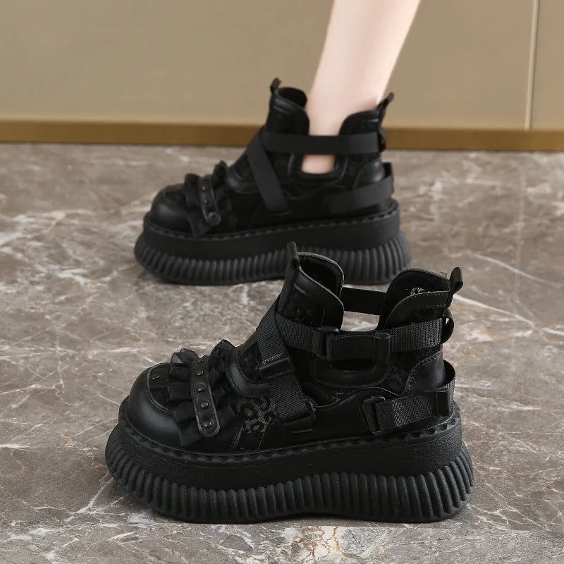 Lace Thick Bottom Sneaker Pumps Belt Buckle Elegant Fashion Comfortable Sexy Genuine Leather Women Shoes Round Toe New Hot Girls