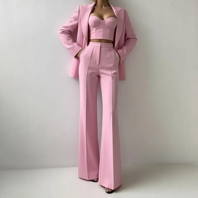Solid Suit Jacket Corset Pants 3 Piece Set Women Corset Lapel Coat Straight Pants Lady Set 2026 Summer Autumn Commute Outfit New