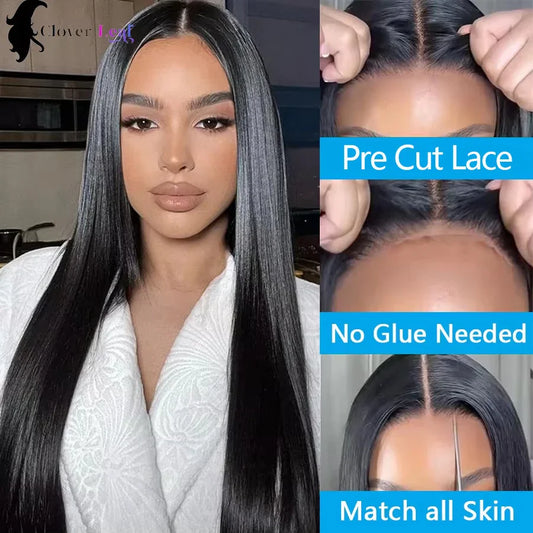 Peluca sin pegamento de 24 pulgadas de cabello humano, lista para usar, liso, 4x4, pre-cortado, sin pegamento, pre-arrancado, parte superior, pelucas brasileñas para mujeres