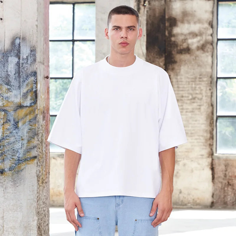 300GSM Heavyweight Cotton Boxy Cropped Tee | Slim Neck Streetwear T-Shirt Hip Hop Men's Short Wide Distressed Shirt