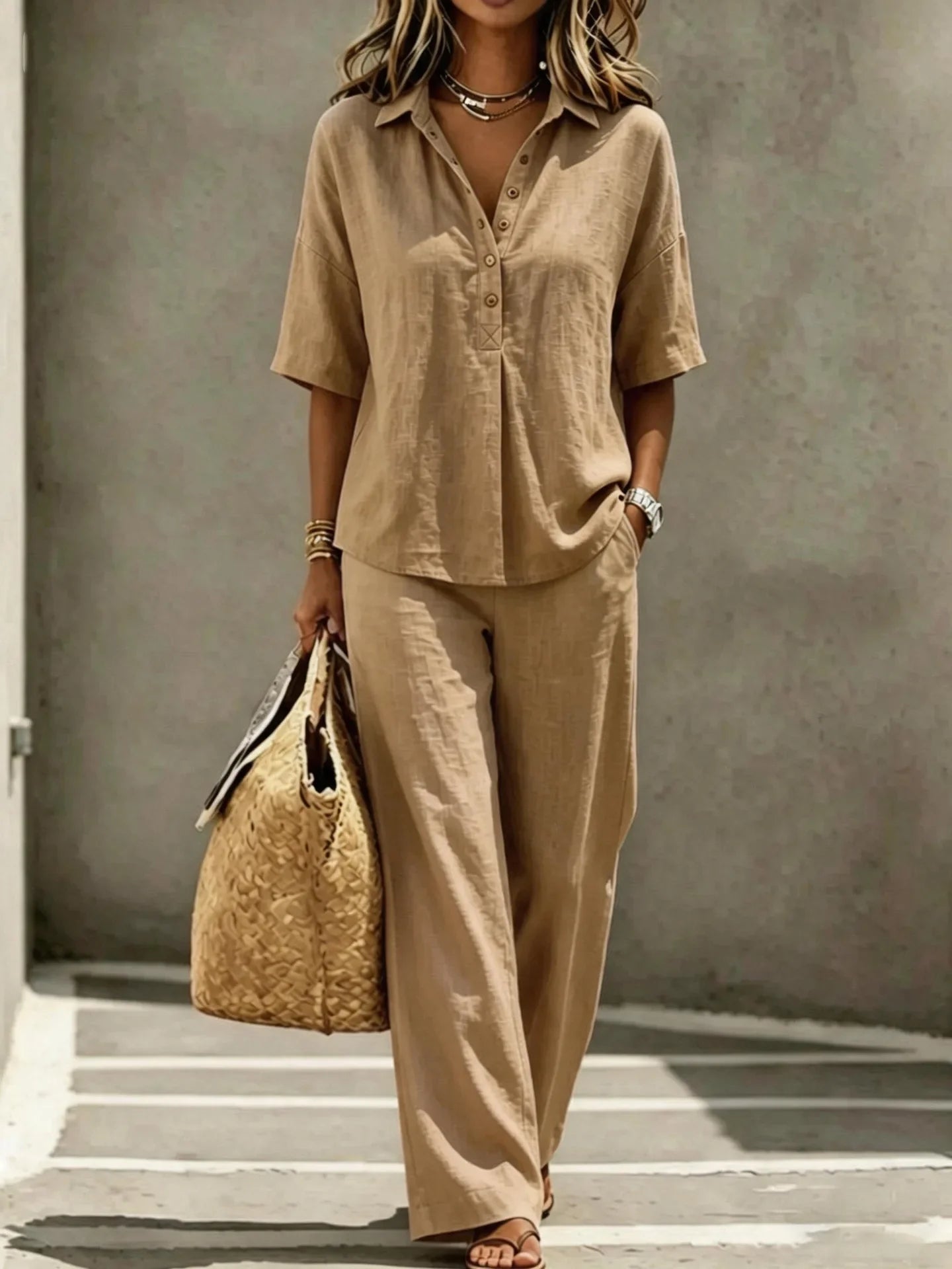 Elegant Office Holiday Two Piece Set Women Sleeveless V Neck Waistcoat Solid Black Textured Loose Wide Leg Trousers Street Match