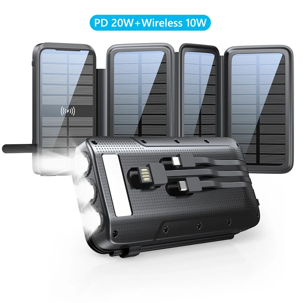 43800mAh Solar Power Bank Quick Wireless Charger External Battery Pack PD 20W Powerbank Built Cables LED Light for iPhone Xiaomi