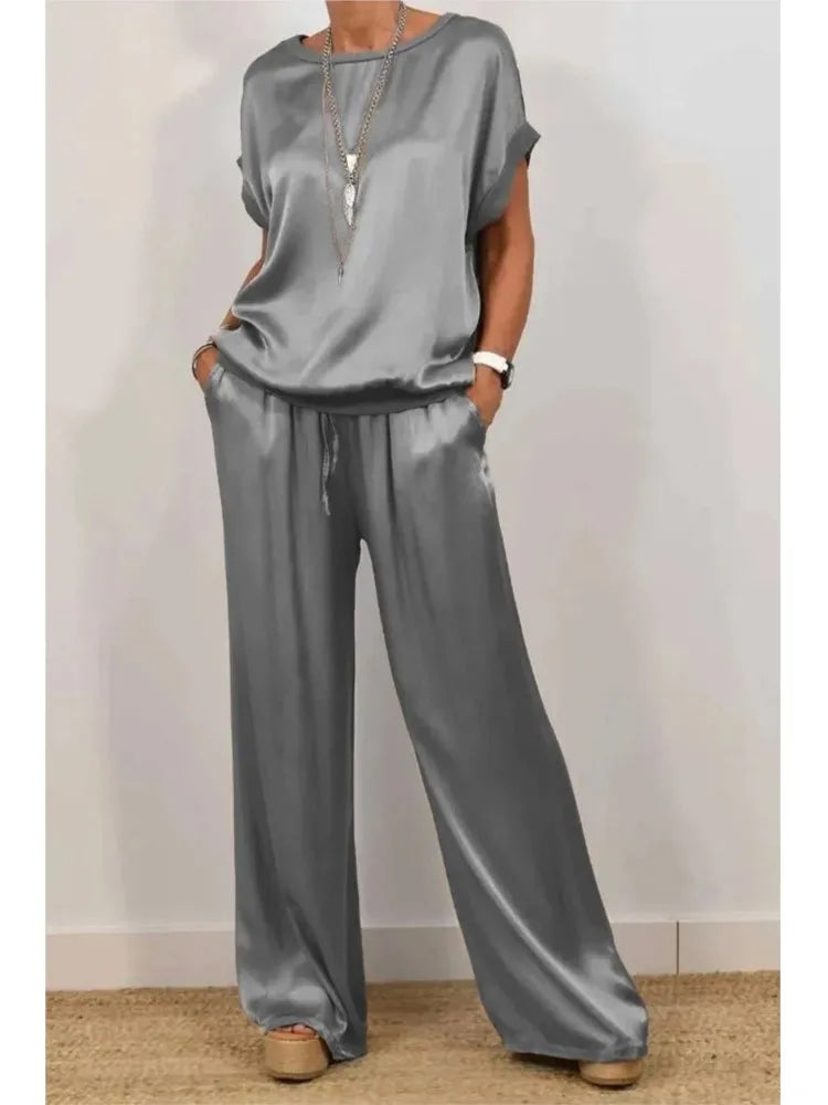 2-piece Set Fashion Satin O Neck T-shirt Top Trousers Summer Retro Elegant Casual Loose Wide-leg Pants Female Home Clothing Suit