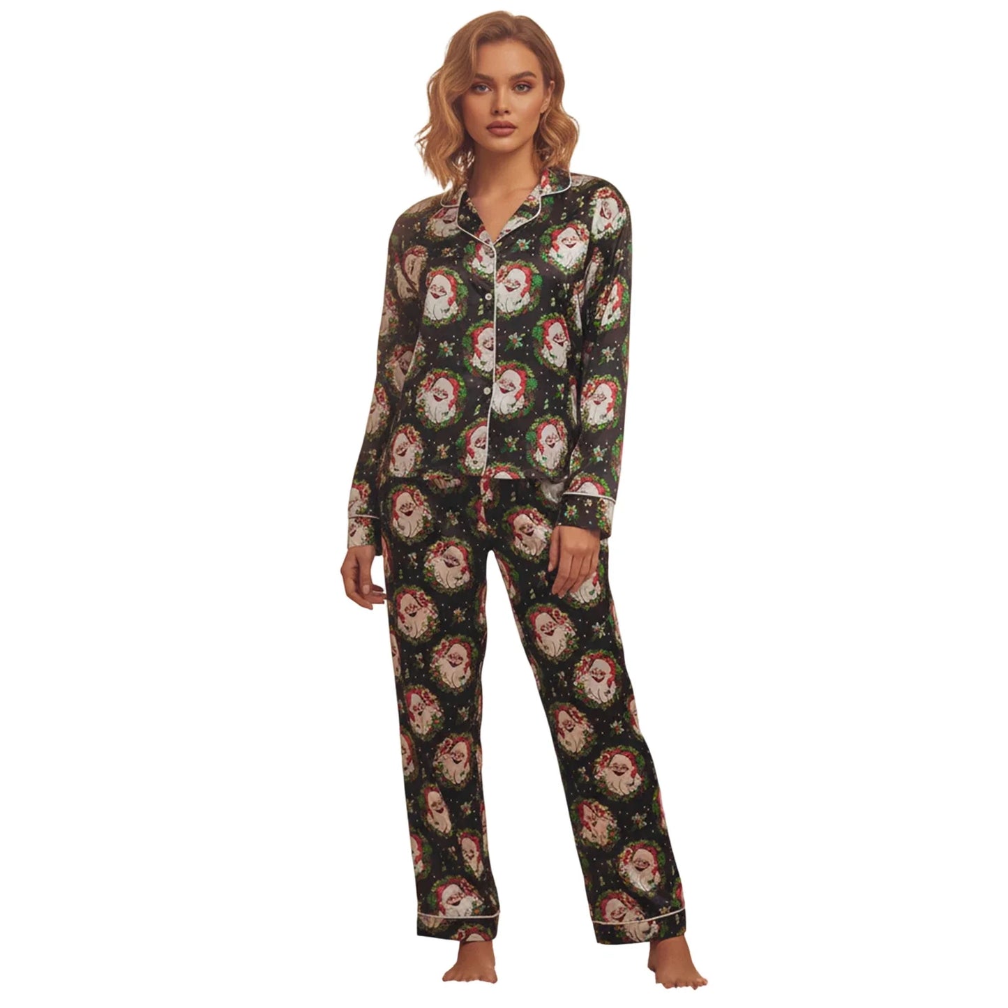 Christmas Pajamas Sets for Women Print Button Up Long Sleeve Lapel V Neck Tops and Pants Lounge Wear Satin 2 Pieces Suits