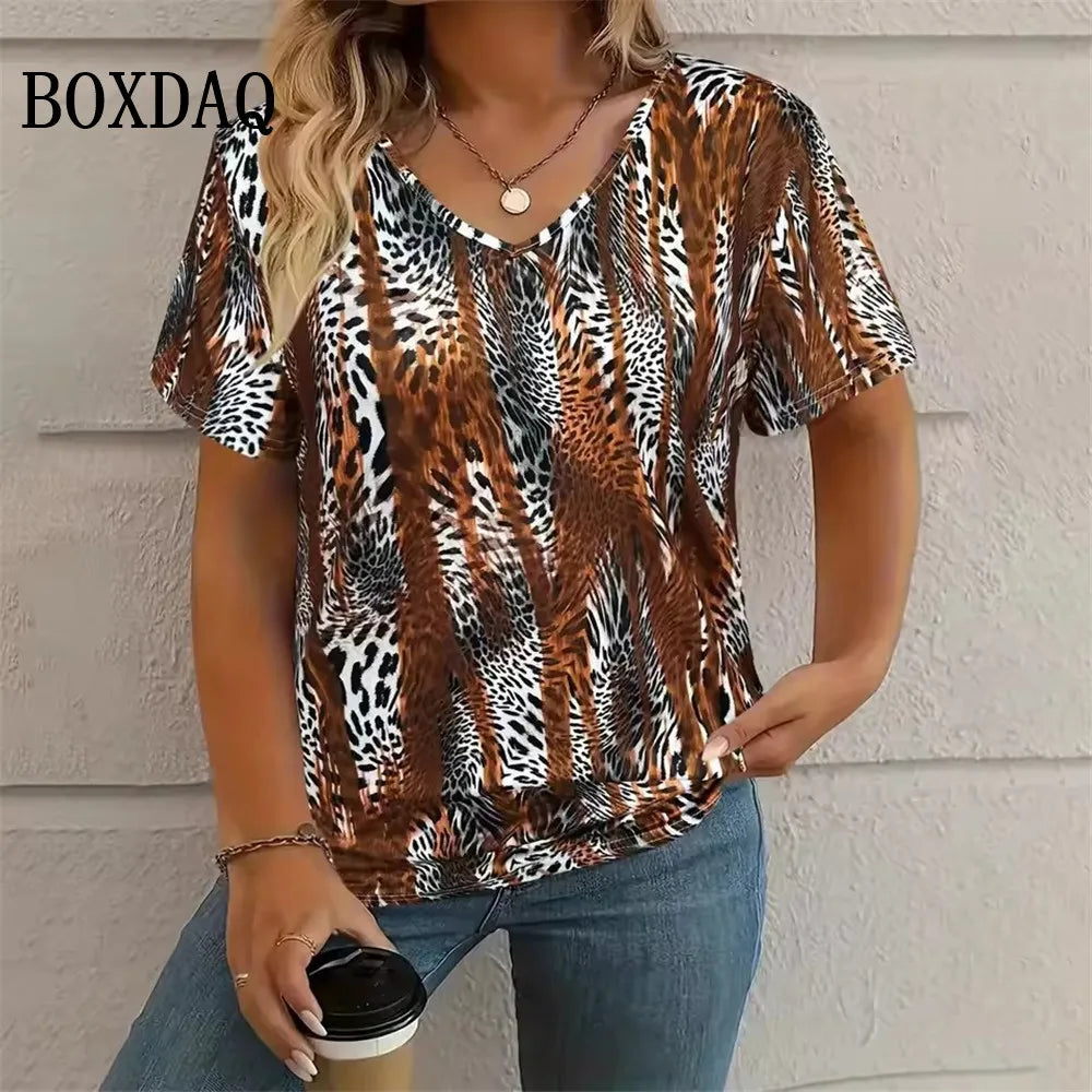 Summer Vintage Leopard 3D Print T-Shirt Women Streetwear Casual T Shirts Plus Size Tops Woman Loose V-Neck Tee Oversized Clothes