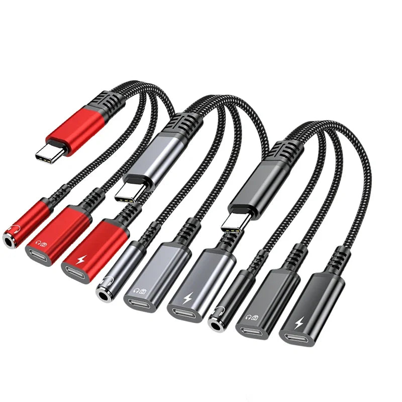 PD 60W Type C to Dual Type C 3.5mm Headphone and Charger Adapter 3 In1 USB C to AUX Audio Jack Dongle Cable For Samsung IPhone16