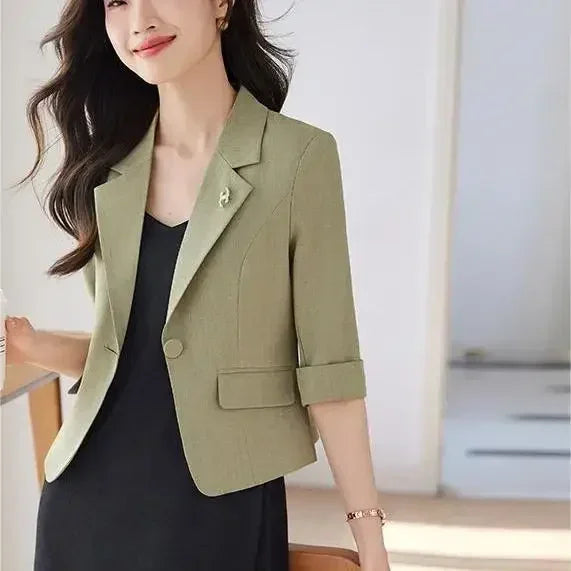 Blazer Negro para Mujer Blazer Ajustado Traje de Trabajo de Oficina para Dama Chaqueta Recortada Primavera Verano Diseño de Top Corto Abrigos Casuales Mujer Un Botón