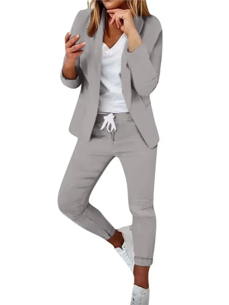 2 Piece Women's Autumn Winter Suit Fashion Slim Fit Lace-up Small Feet Trousers Women's Office Casual Solid Color Suit 2024