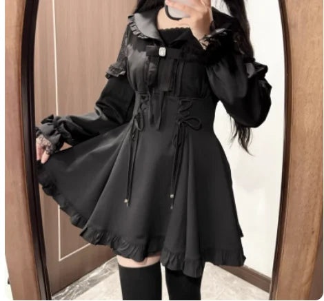 Large Size Spring Autumn Sweet Black Sailor Collar Long Sleeve Japanese Dress Shorts High Waist A-line Bow Age Reduction Sets