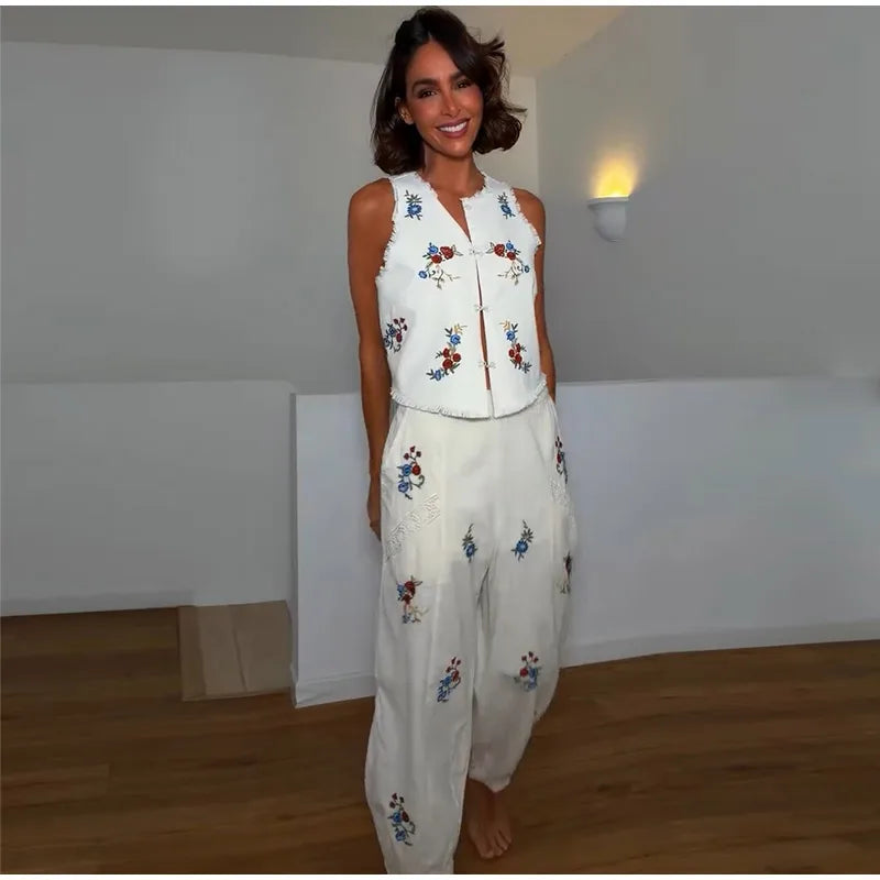 Casual Print Top Pants Women Set Elegant O-neck Sleeveless Button Vest Wide Leg Trousers 2026 Summer Beach Lady Outfit Suit