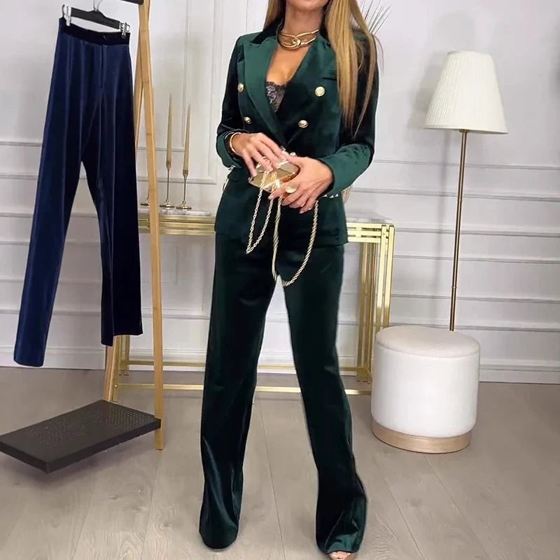 Fashion Slim Two Piece Sets For Women Elegant Double Breasted Splicing Velvet Long Sleeved Top And High Waist Straight Pant