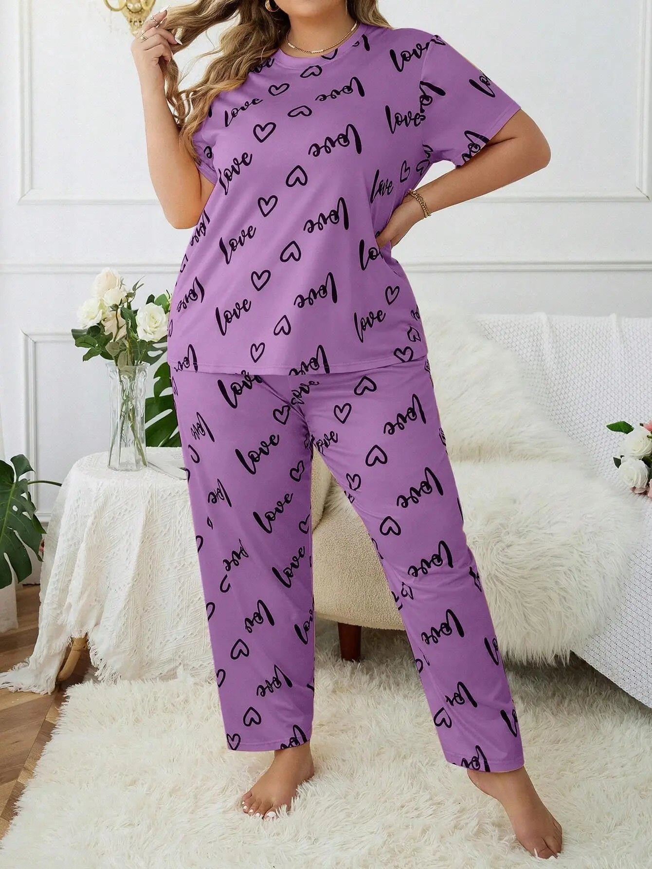Women's Pajama Sets Short Sleeve with Long Pant Soft Sleepwear Printed pj Loungewear XL to 5XL