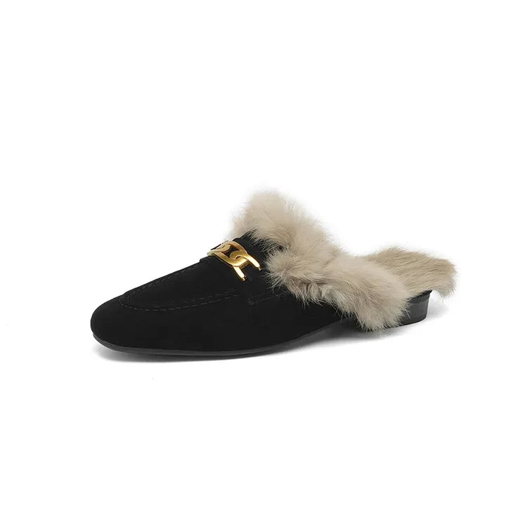2023 Winter Sheep Suede Women Shoes Rabbit Hair Mules Shoes for Women Round Toe Low Heel Slippers Chunky Heel Cover Toe Slippers