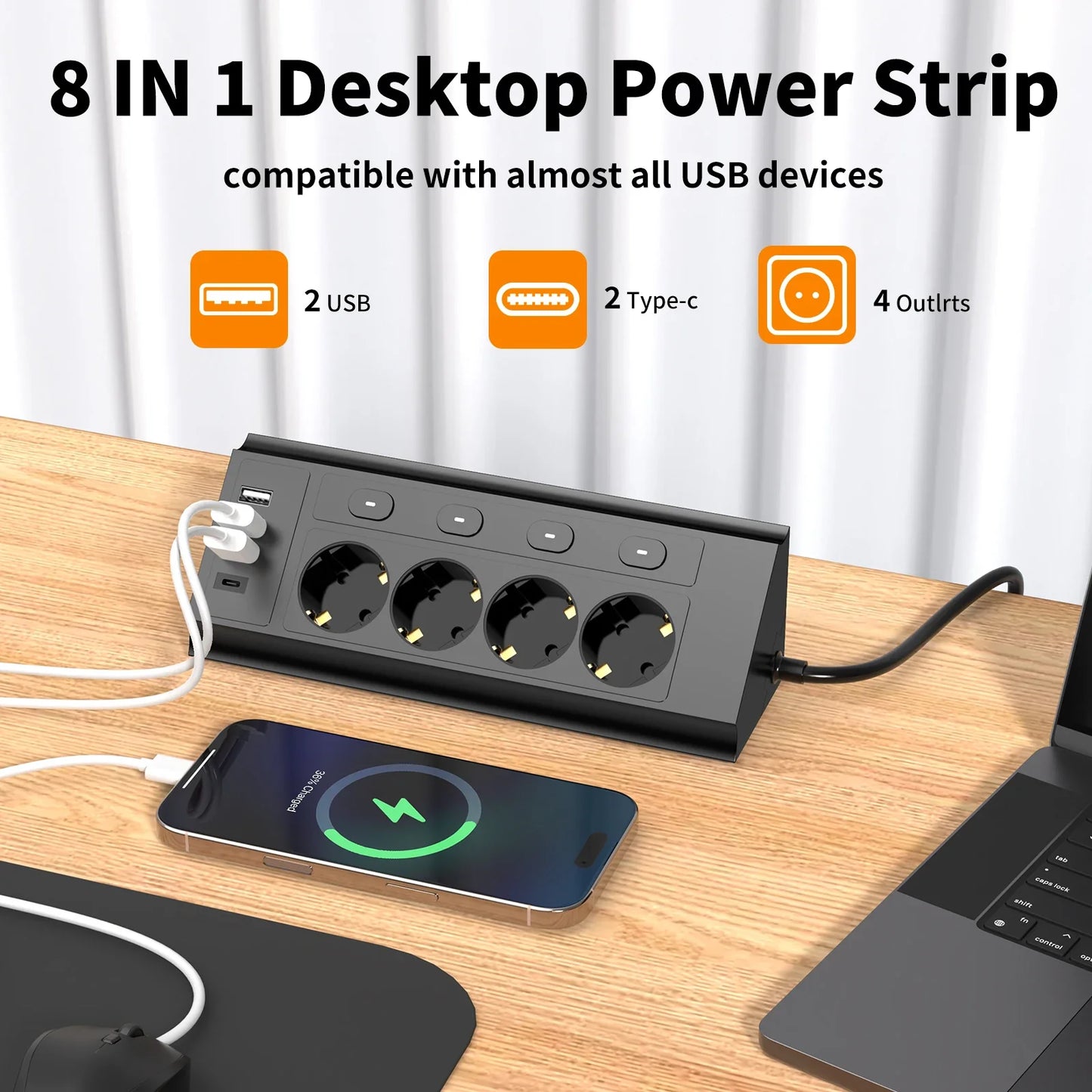 EU desktop corner power strip, a power strip with multiple switches independently controlling the outlets, extension cord power