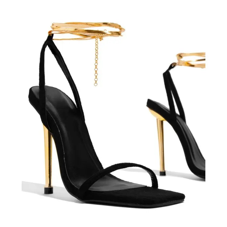 Women Heels Sexy Gold High Heels Sandals Thin Single Strap Metal Stiletto Sandals Gold Heel Shoes