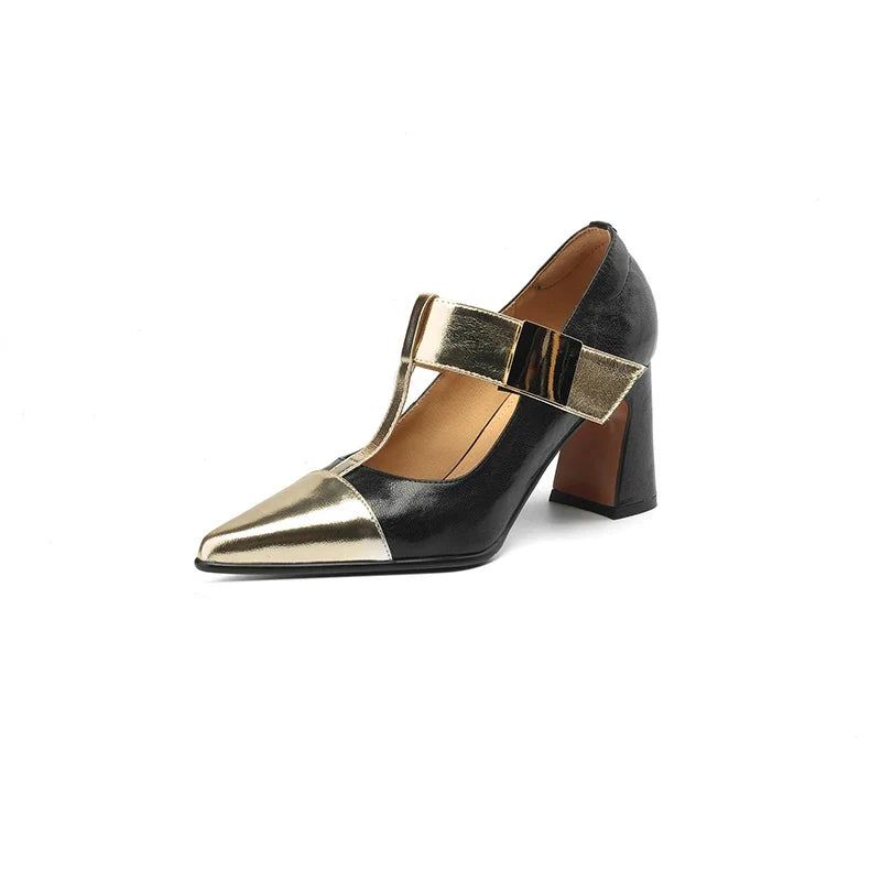 2025 Spring Mary Janes Women Shoes Pointed Toe Chunky Heel Pumps Genuine Leather Shoes for Women Elegant High Heels Buckle Heels