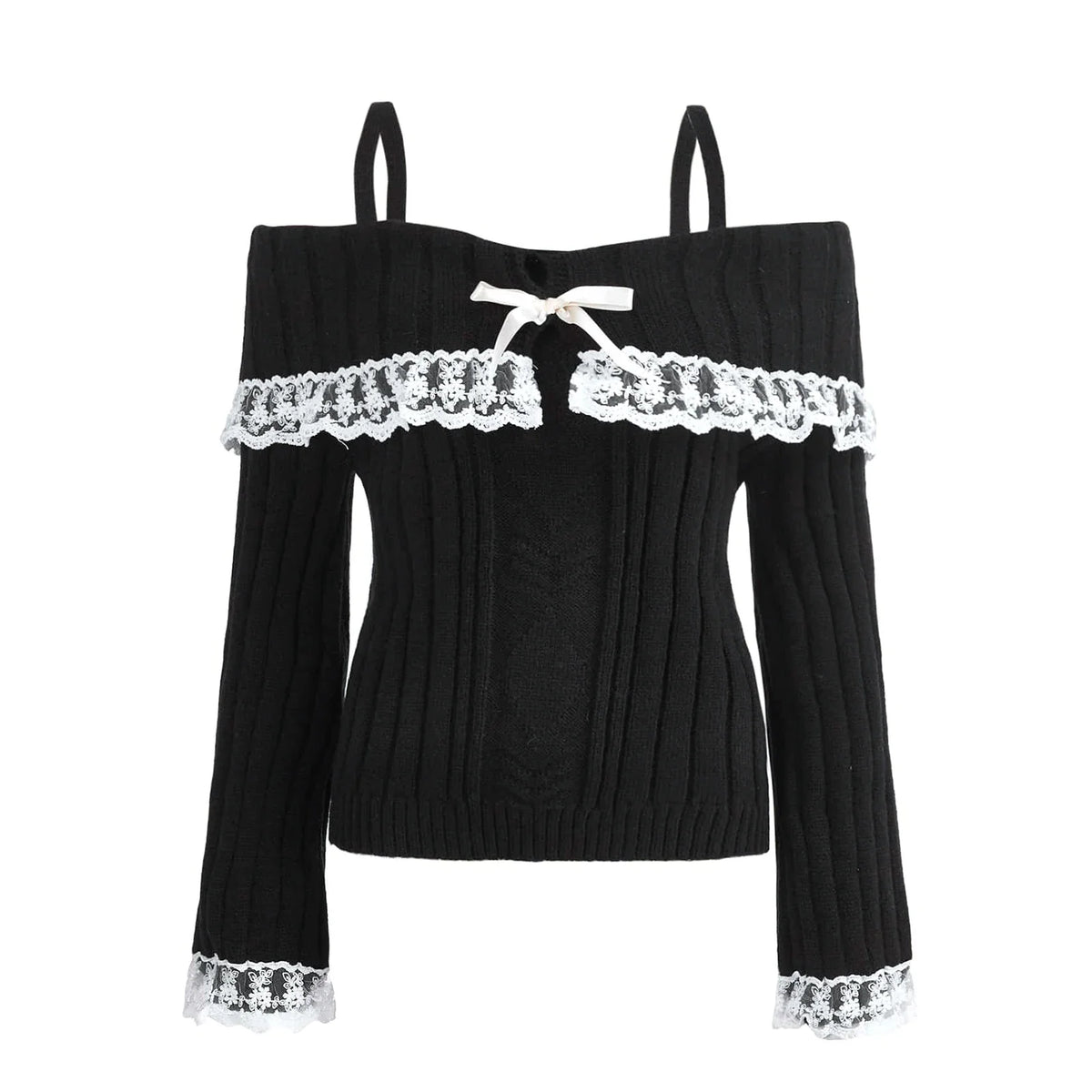 Women Long Sleeve Contrast Lace Knit Pullovers Autumn Winter Cold Shoulder Sweaters Bow Front Jumper Tops Beige/Pink