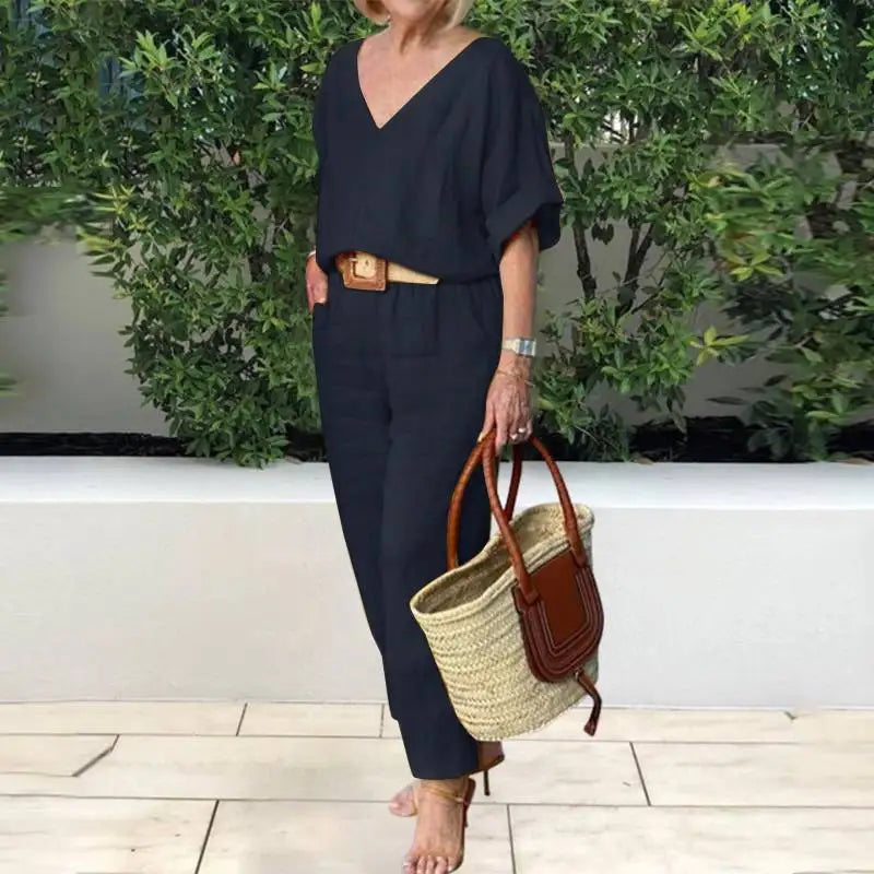 2 piece sets women outfit Women Suits Gray V-neck Short Sleeve Tops Wide Leg Pants Loose 2-piece Set Women Casual Women Clothes