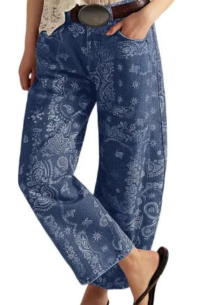 New Spring and Autumn Women's Loose Denim Flower Print Denim Pants Wide-leg Pants