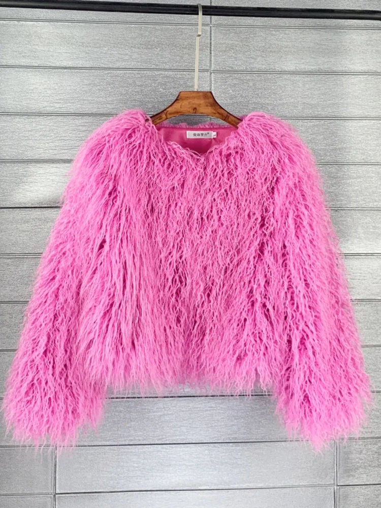 Colorful Warm Faux Women Fur Coat Black White Pink Plush Coat Female Jacket Fur Autumn Winter Shaggy Outerwear High Street 2025