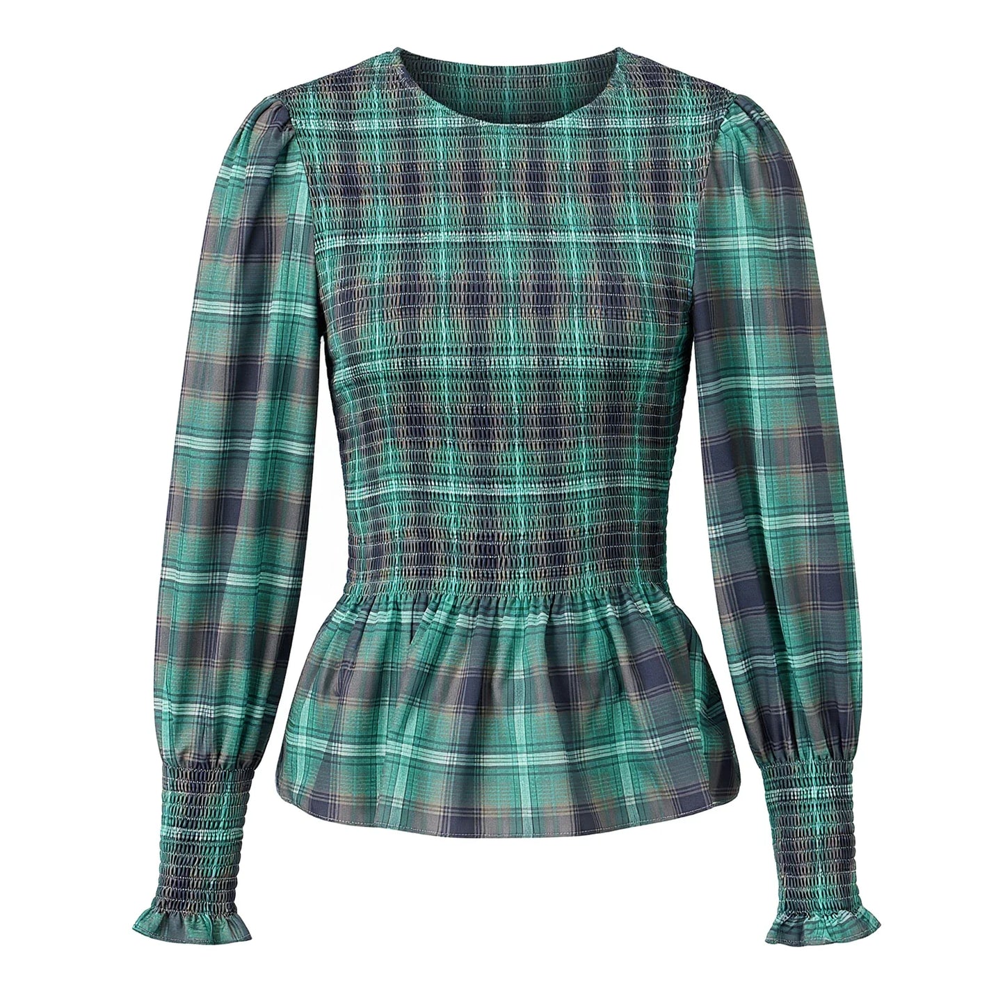 Women T-shirt Elegant Long Sleeve Crew Neck Pleated Ladies Vintage Plaid Print Tops Spring Fall Streetwear