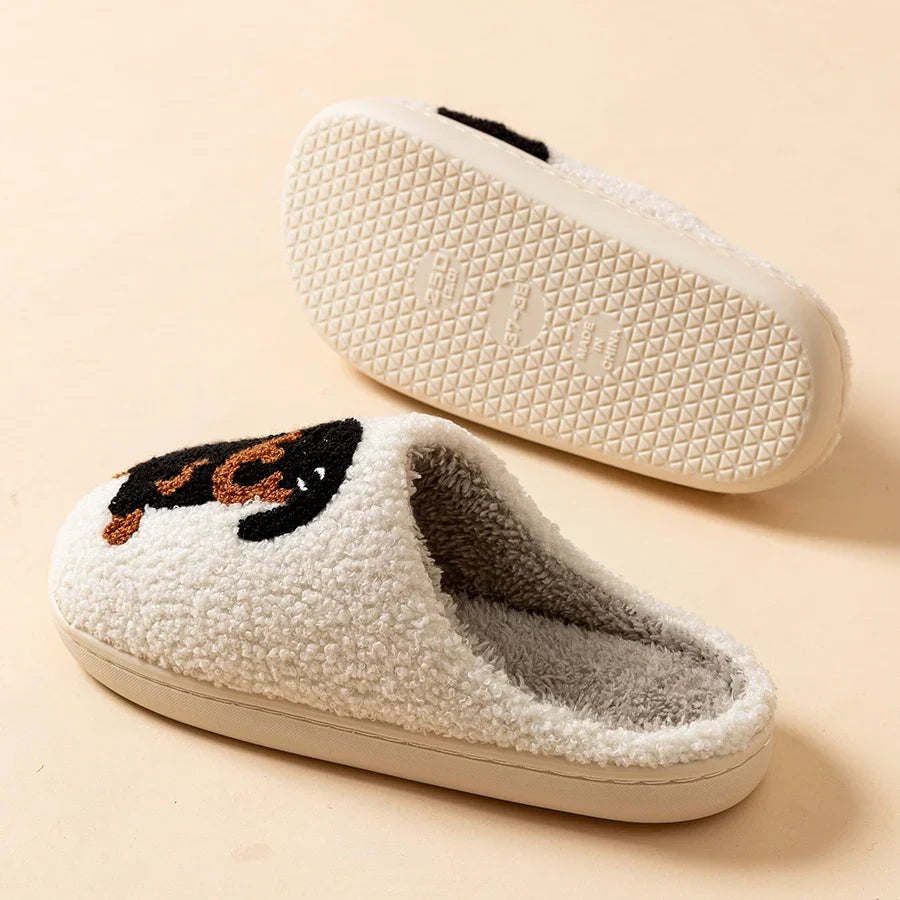 Winter Women's Slippers Cute and Interesting Cartoon Little Black Dog Indoor Warm Comfort Home Bedroom Soft Causal Plush Shoes