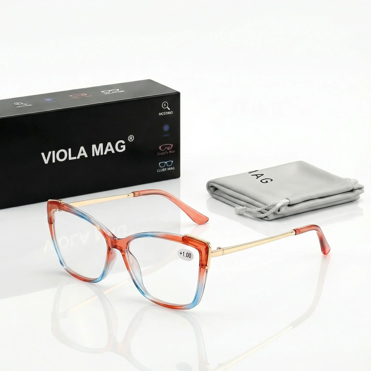 VIOLA MAG Fashion Contrast Cat Eye Reading Glasses, Metal Lens Legs Anti Blue Light, Women's Commuting Office