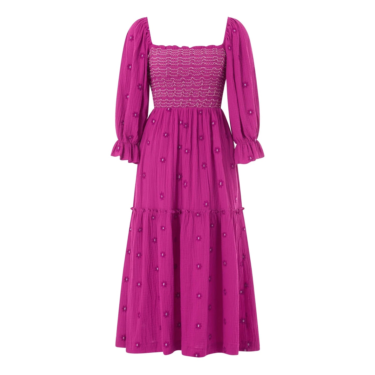 Women Spring Fall Long Dress Long Sleeve Dress Square Neck Embroidery Flower Loose Swing Dress Wit Pocket