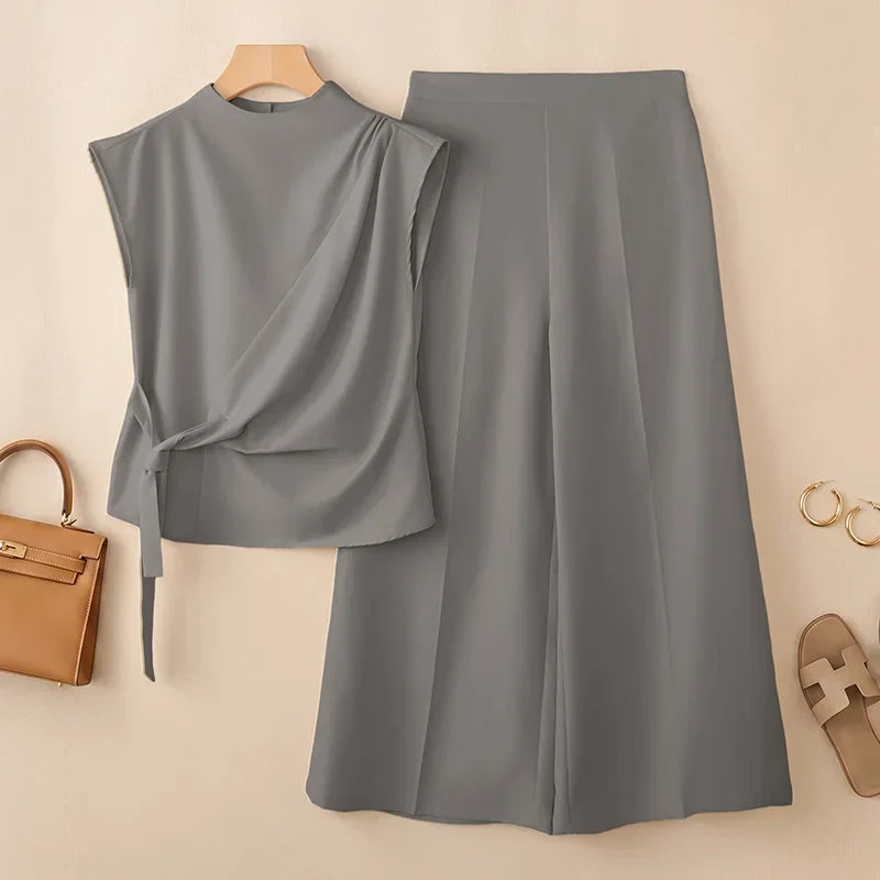 ZANZEA Summer Trousers Suit Short Sleeve Lace-Up Blouse Wide Leg Pant Sets Solid Color OL Work Outfit Fashion Women 2 Piece Sets